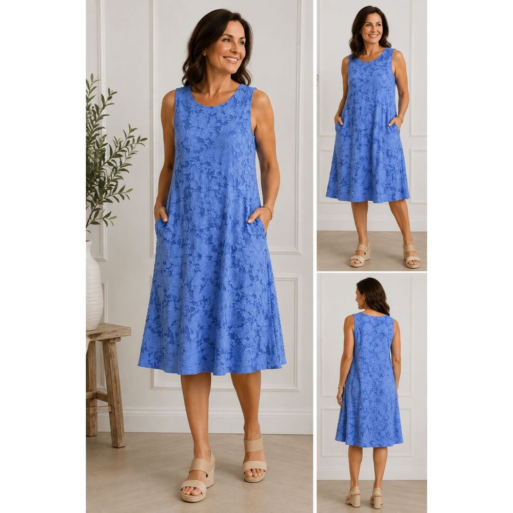 Susan Graver Sunkissed Blue Burnout Jacquard A-Line Midi Dress Medium